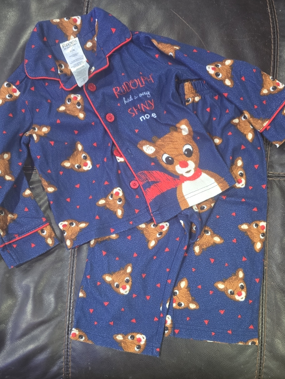 Rudolph Navy Kids Pajama Set with Reindeer Print and Red Trim